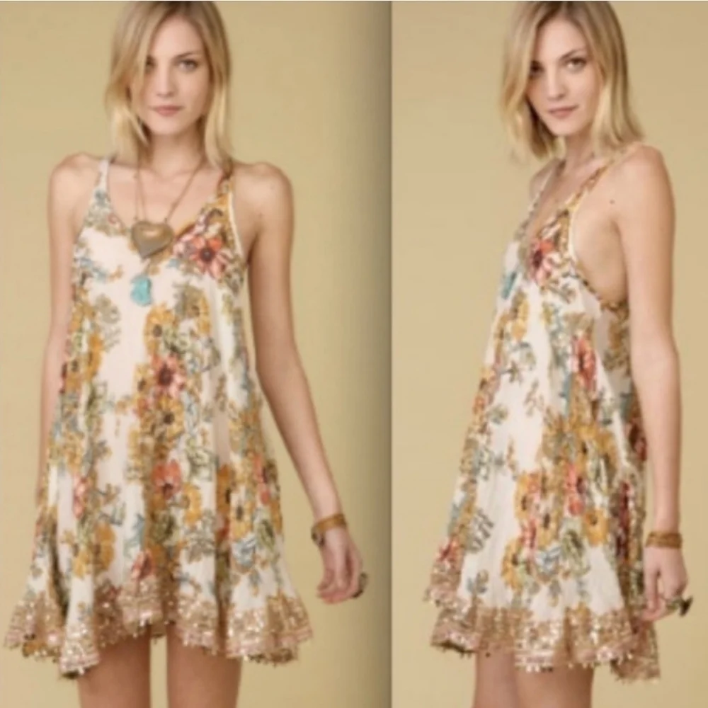 Free People | Boho Floral Dress with Sequin Hem Size XS
